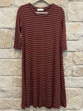 Striped Maroon Midi Dress with Short Sleeves